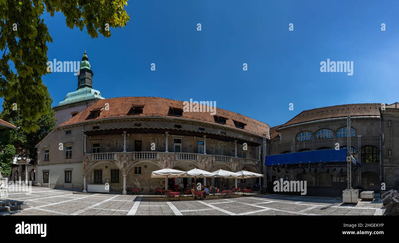 A picture of the courtyard and restaurant next to the Križanke Outdoor Theatre. Stock Photo
