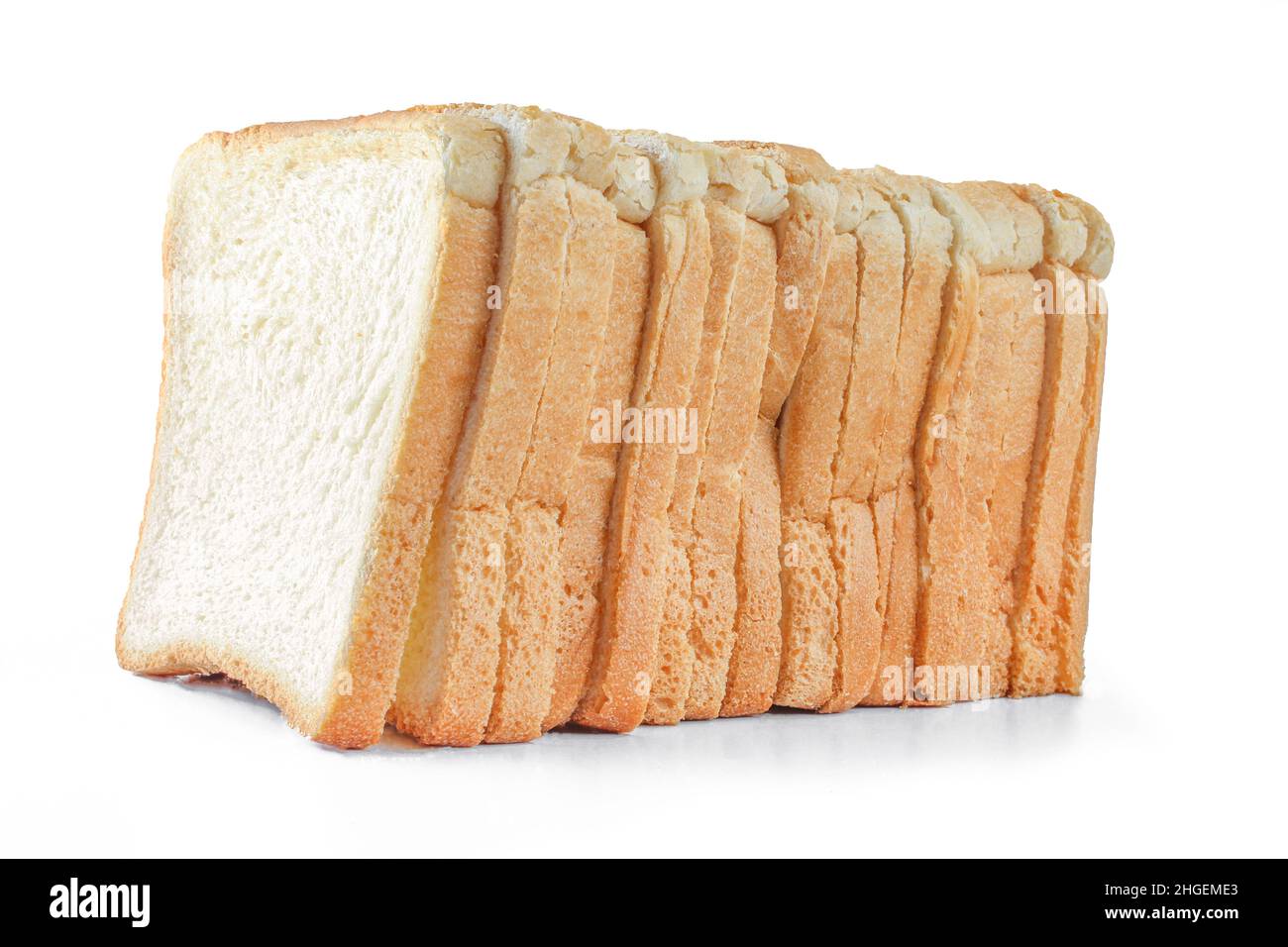 Slices of white square shaped bread isolated on white background Stock