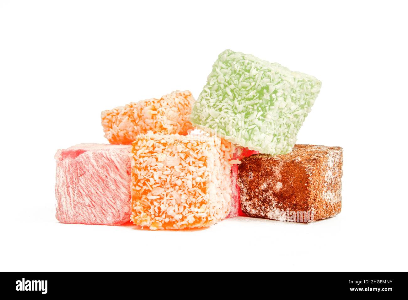 Pile of colorful jelly sweets. Gelatin made candy isolated on white