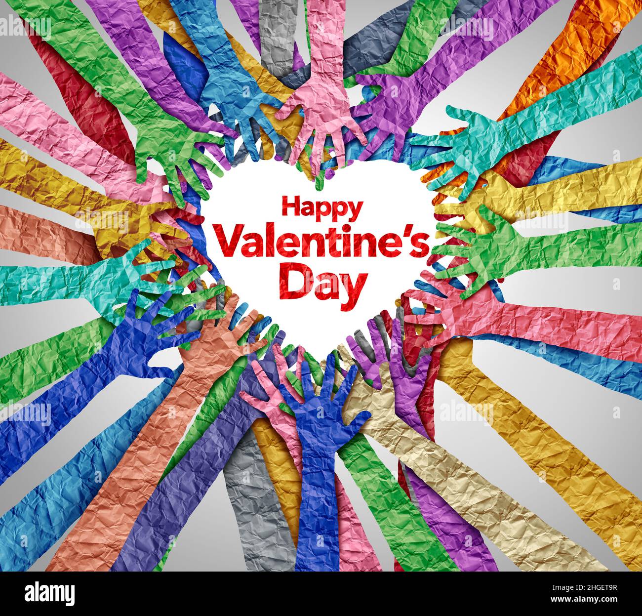 Happy Valentines day as a February love holiday with diverse hands celebrating affectionate emotions as a Saint Valentine greeting for romance and lov Stock Photo