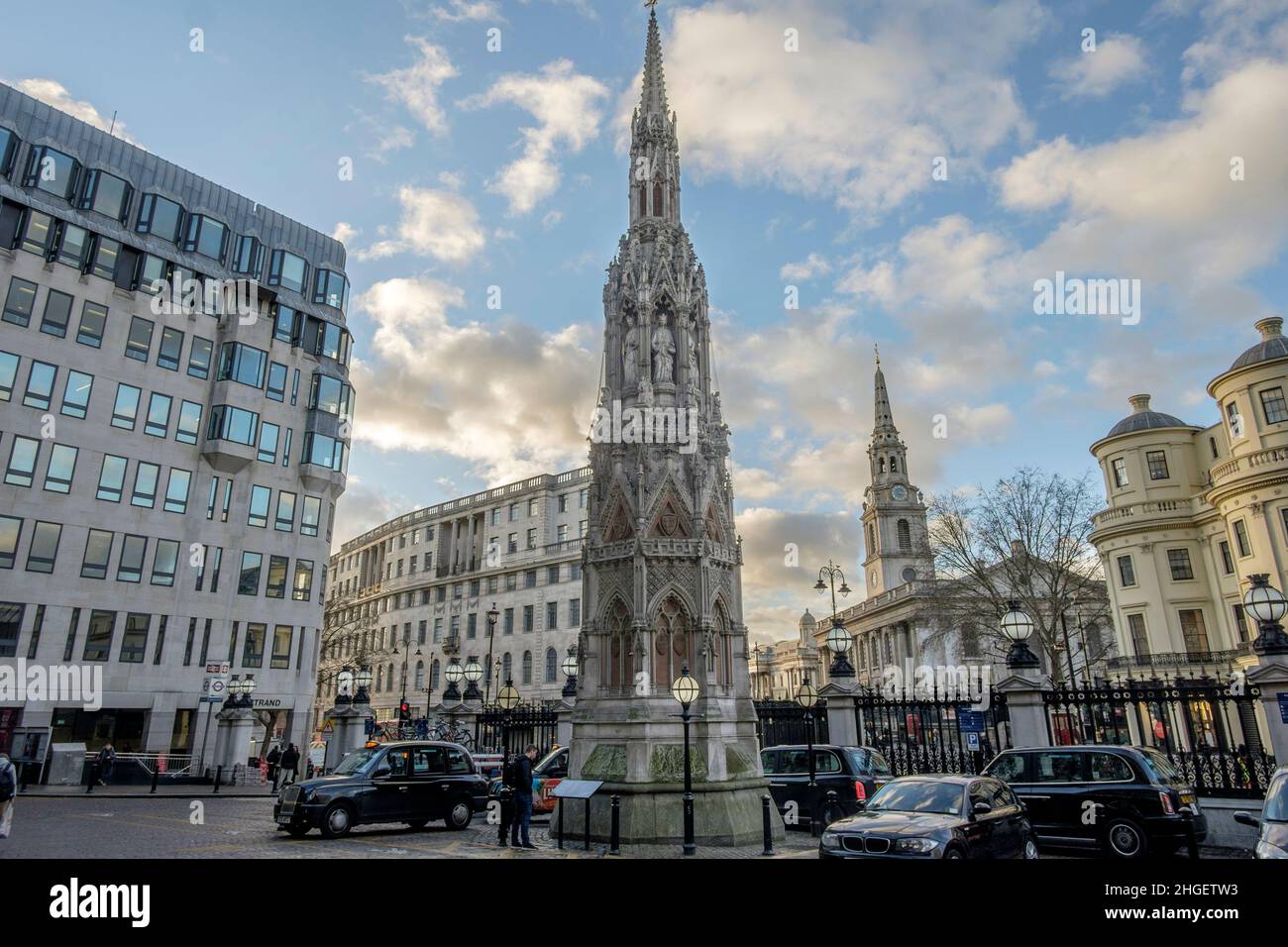 Charing Cross monument, a replica memorial to Queen Eleanor of Castille, wife of King Edward I of England, which originally stood nearby. London UK. Stock Photo