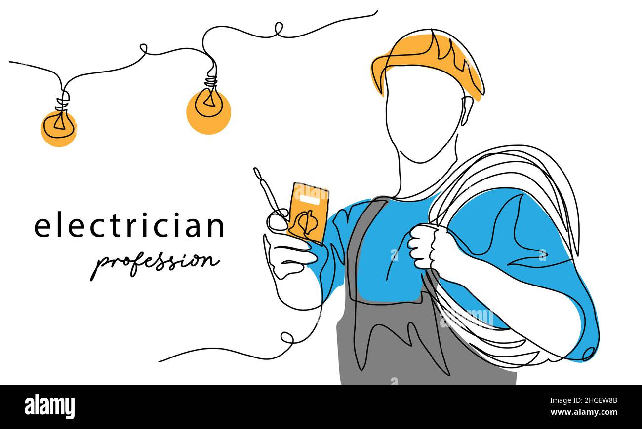 Electrician man with tester tool and electric cable, wire. One