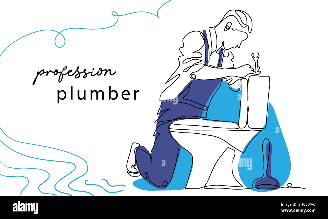 Plumber man fixes toilet. One continuous line art vector drawing. Illustration of plumber man with plunger Stock Vector