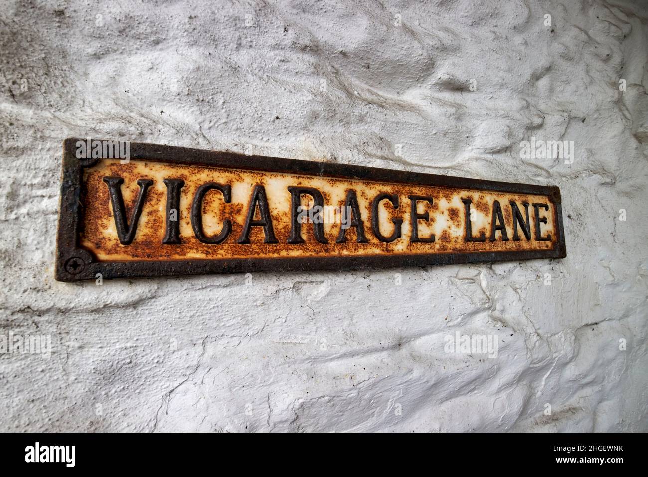old rusting metal sign for vicarage lane hawkshead village lake district, cumbria, england, uk Stock Photo