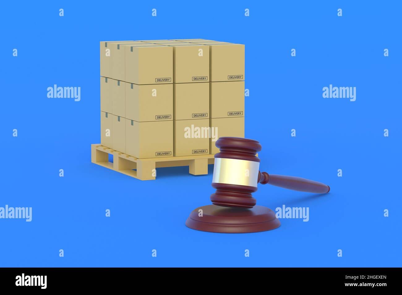 Cardboard boxes on pallet near judge gavel. Regulation of transport