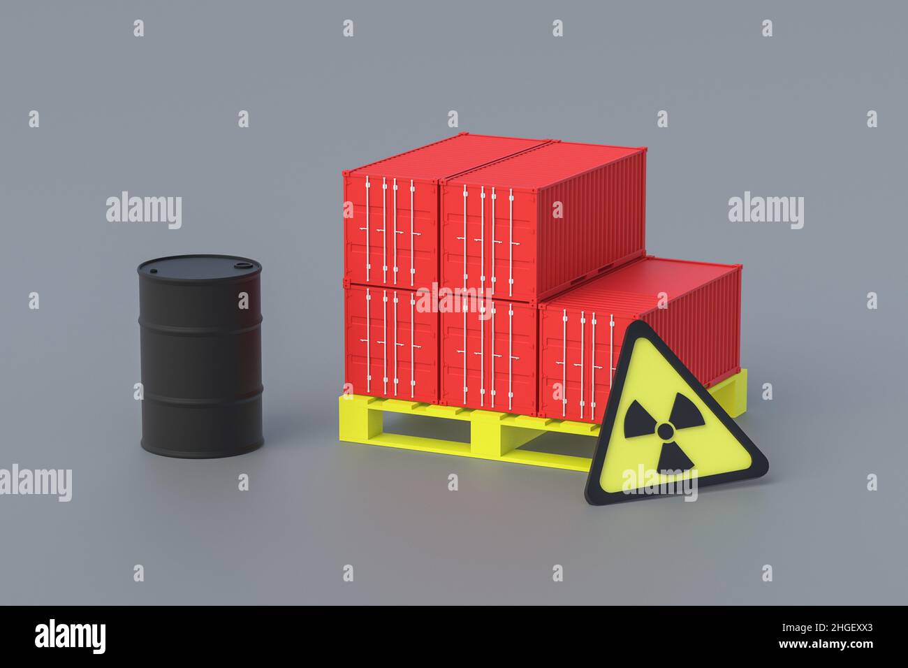 Freight container on pallet near barrel and sign of radiation. The
