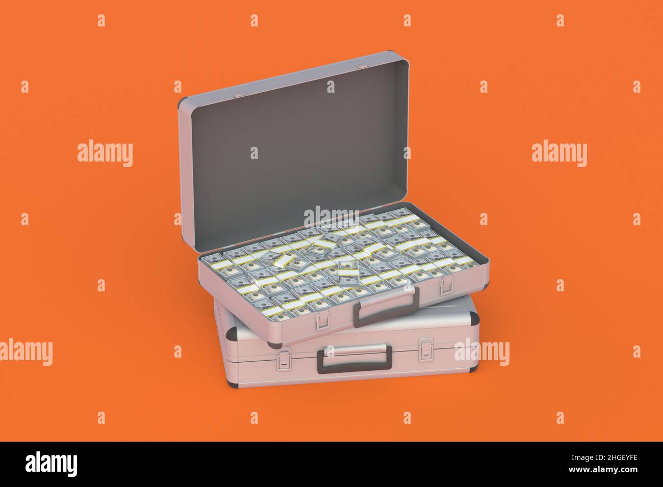 Open metal suitcase with stack of dollars. Transportation of cash. Money cashback concept. Big win, jackpot. Financial savings, investments, fines. Pa Stock Photo