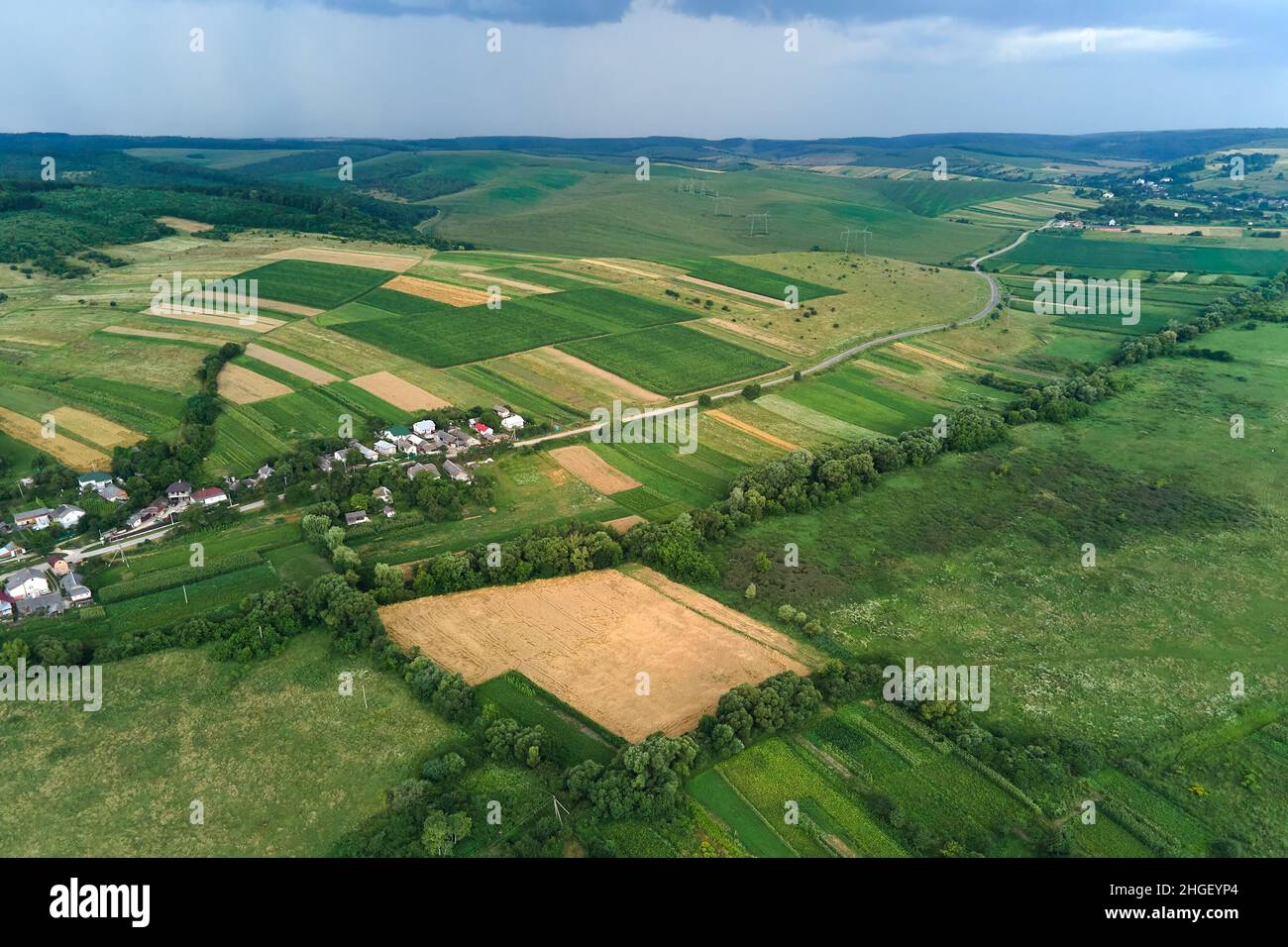 Aerial landscape view of green cultivated agricultural fields with ...