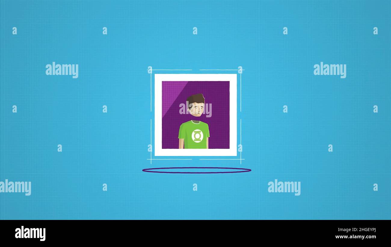 Cartoon animation with computer programme in process of copying man ...