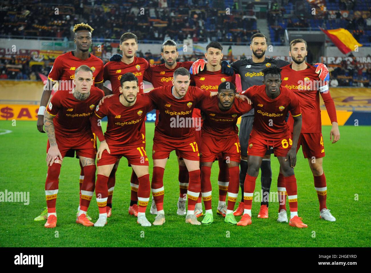 Rome, Italy. 20th Jan, 2022. AS Roma team during the Coppa Italia  Frecciarossa round of 16 match between AS Roma vs US Lecce at the Olimpic  Stadium in Rome on 20 January