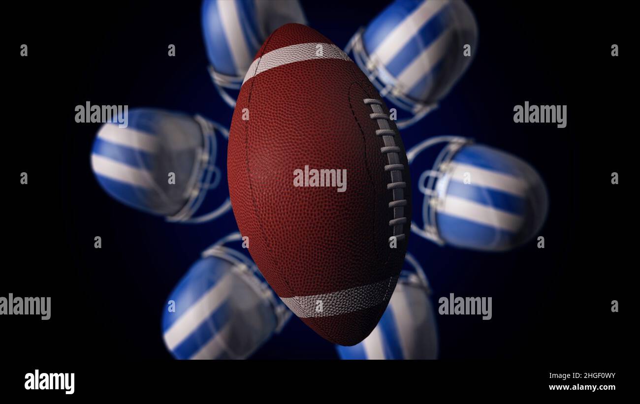 Abstract animation of a rugby ball and blue and white hemlets spinning and making a circle, isolated on black background. Rugby equipment, leather bal Stock Photo
