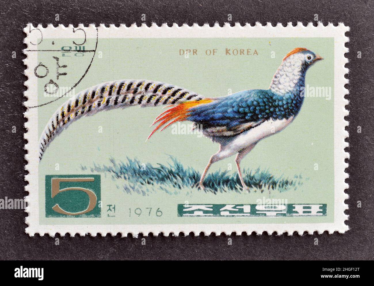 Cancelled postage stamp printed by North Korea, that shows Lady Amherst’s Pheasant (Chrysolophus amherstiae), circa 1976. Stock Photo