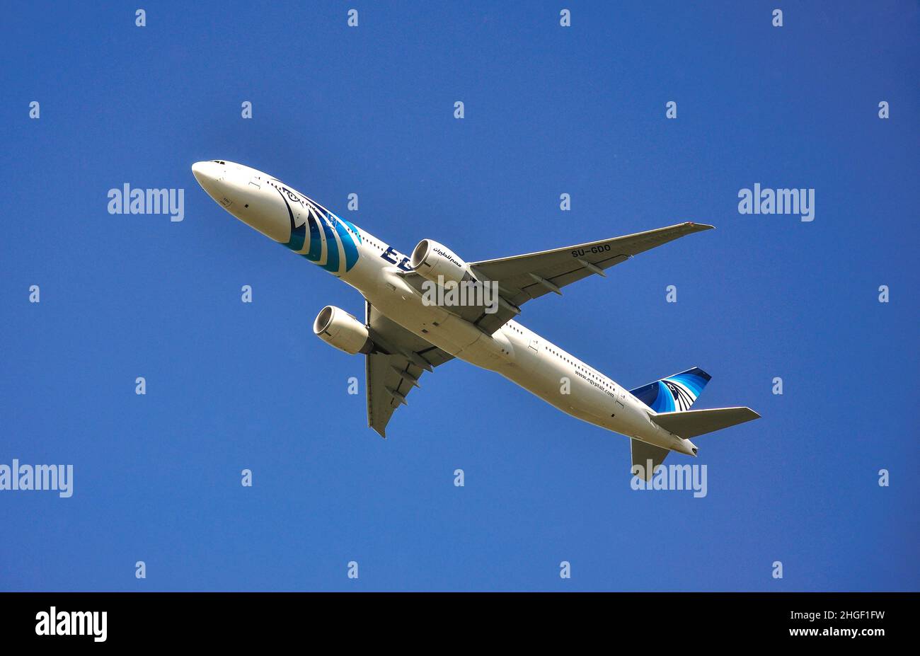 Egyptair Boeing 777 aircraft taking off from Heathrow Airport, Greater London, England, United Kingdom Stock Photo