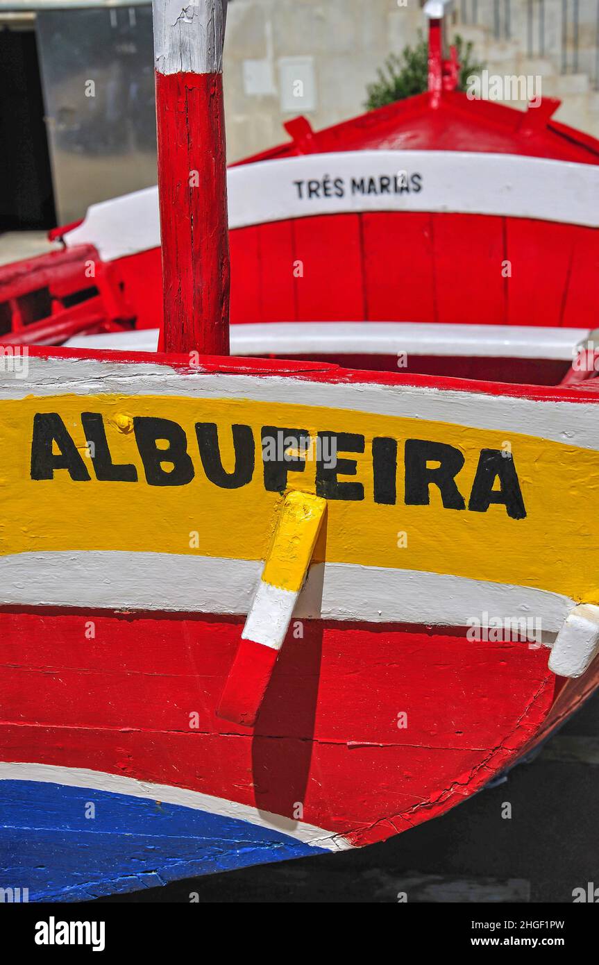 Colourful fishing boat on waterfront, Old Town, Albufeira, Algarve Region, Portugal Stock Photo
