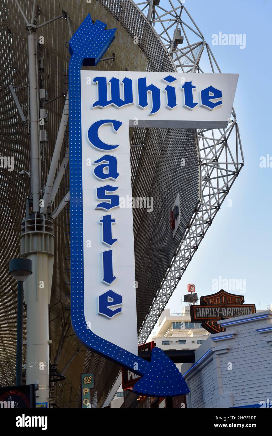 The sign For White Castle fast food restaurant on Fremont Street, Downtown Las Vegas. Stock Photo