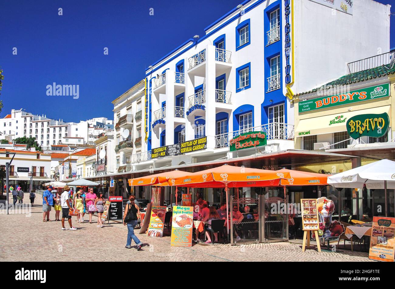 Outdoor restaurant, Largo Eng Duarte Pacheco, Albufeira, Algarve Region, Portugal Stock Photo