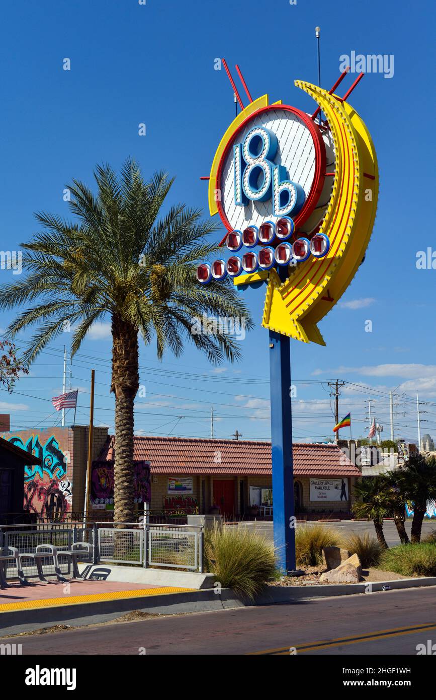 The Las Vegas 18b Arts District Neon Sign on Main Street, Downtown Las Vegas, Nevada Stock Photo