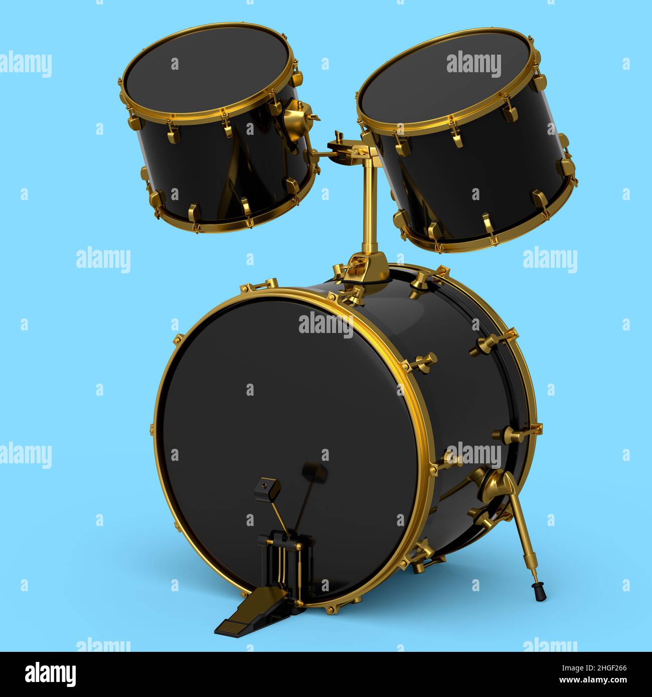 Set of realistic drums with pedal on blue. 3d render of musical