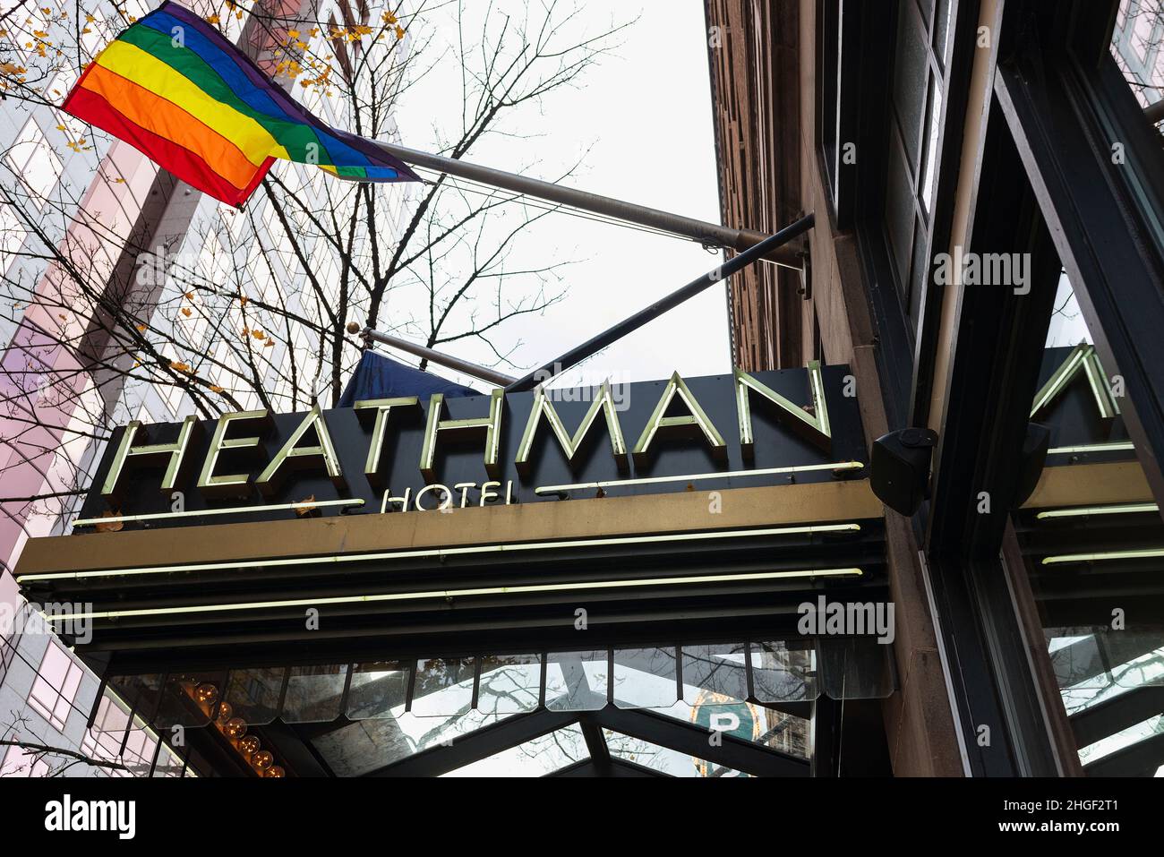 The Broadway entrance to the Heathman Hotel in Portland, Oregon. Stock Photo