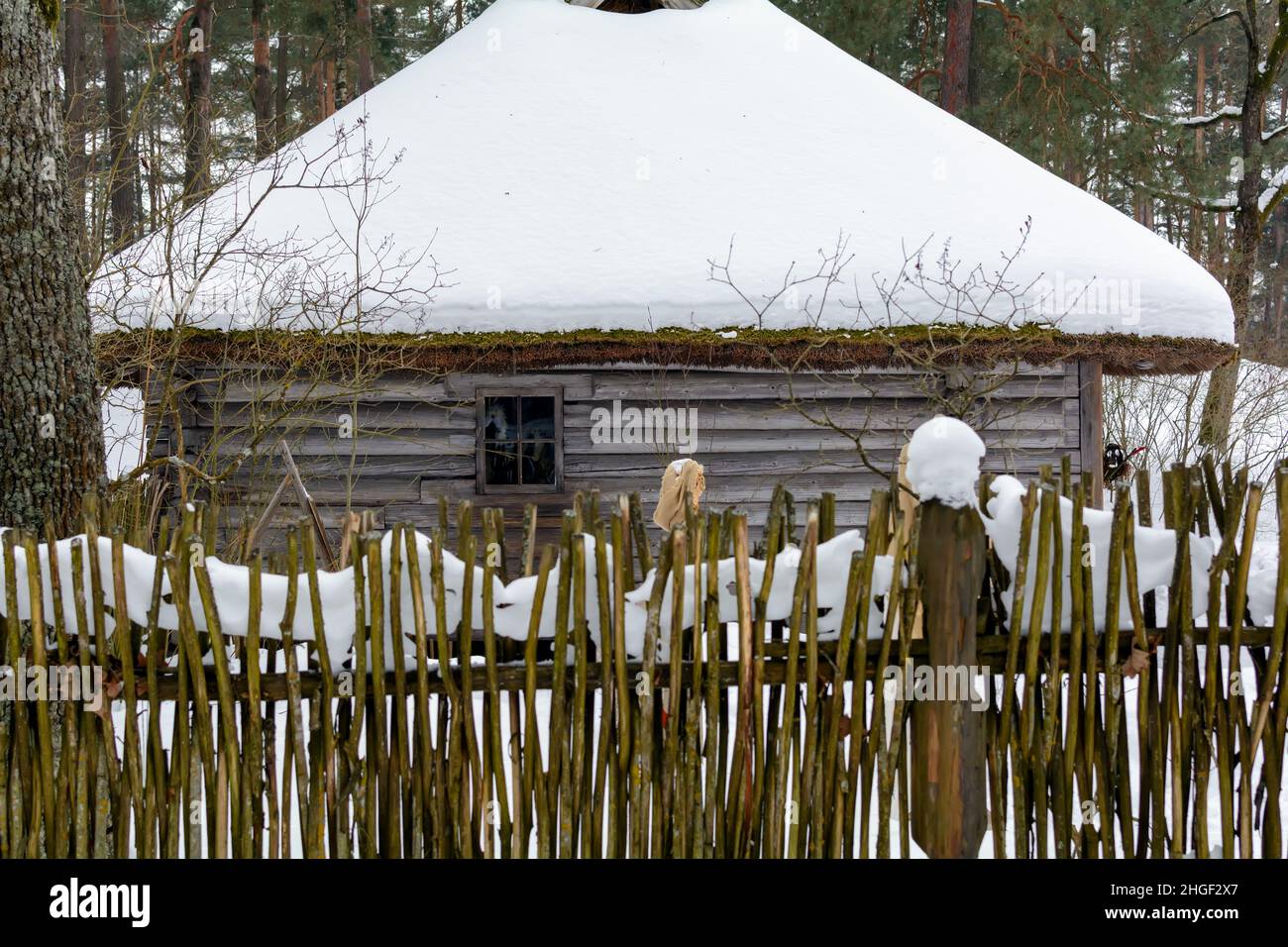 Old wooden log house covered with snow in a winter forest Stock Photo ...