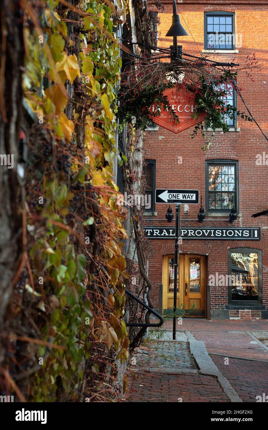 Restaurant exteriors in the old town port area of Portland, Maine. Stock Photo
