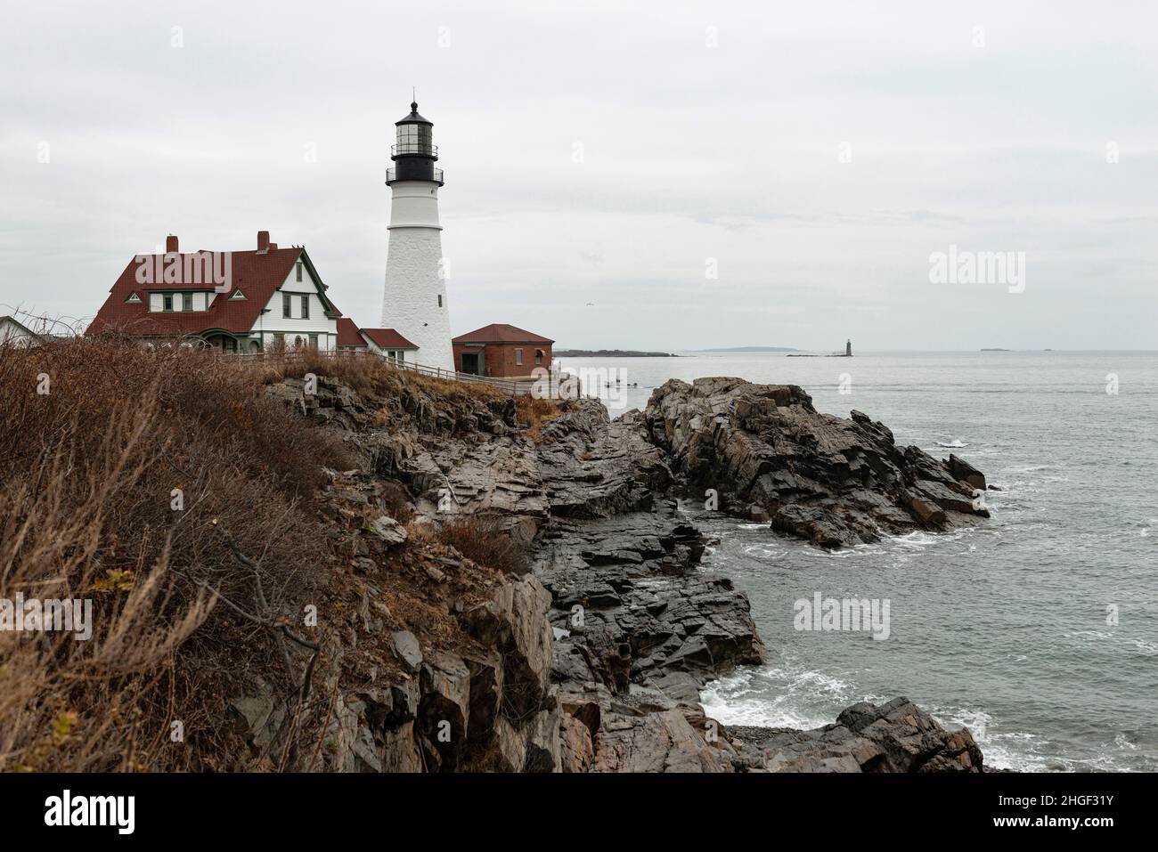 Portland Head lighthouse in Fort Williams Park in Cape Elizabeth just outside of Portland, Maine on Casco Bay. Stock Photo