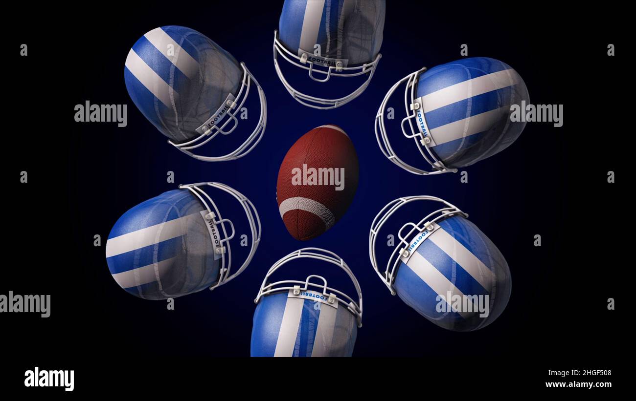 Abstract animation of a rugby ball and blue and white hemlets spinning and making a circle, isolated on black background. Rugby equipment, leather bal Stock Photo
