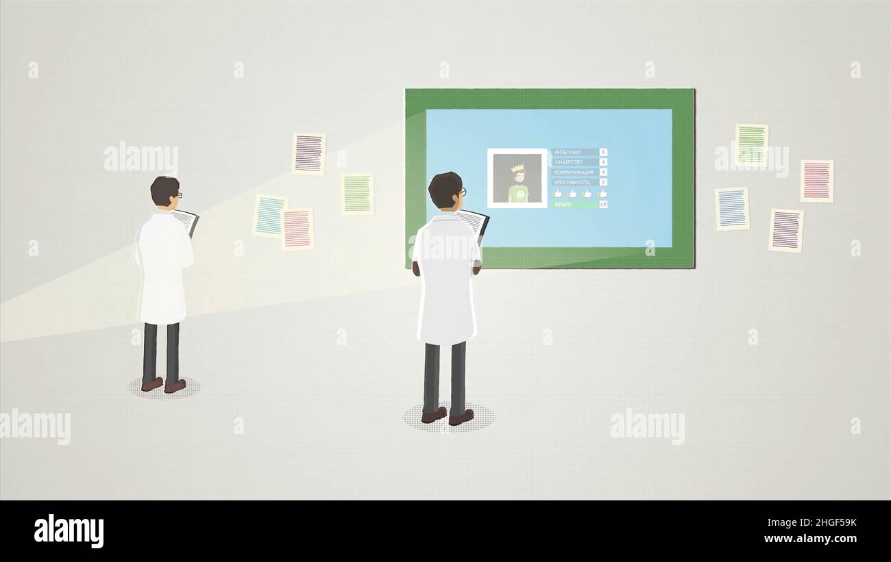 Cartoon animation of scientists in white coats looking at projector screen and writing data, scientific studies concept. Rear view of the doctors coll Stock Photo