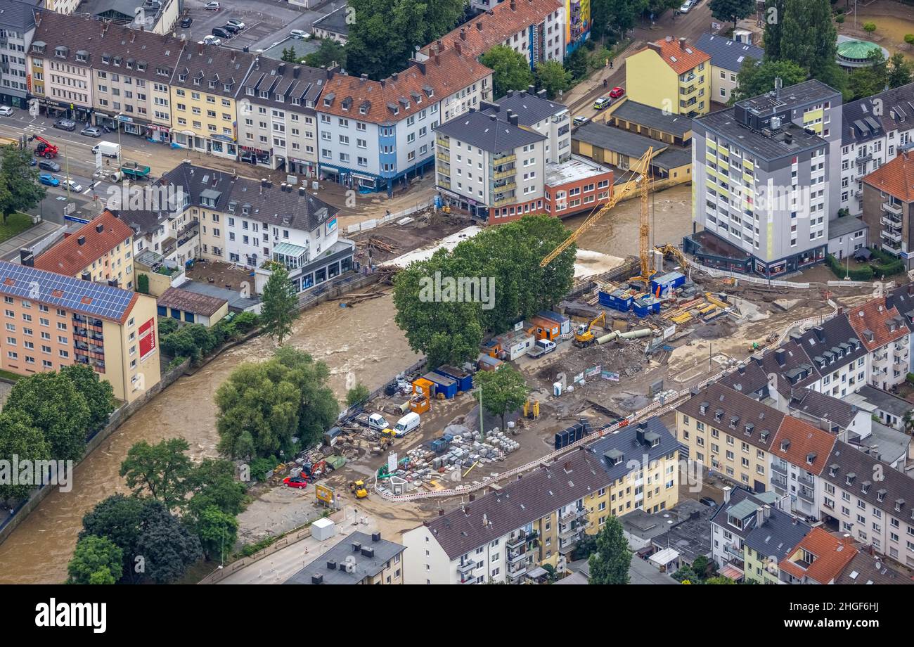 LAerial photo, Volme flood, flooding, Eilpe, Hagen, Ruhr area, North RhineWestphalia, Germany