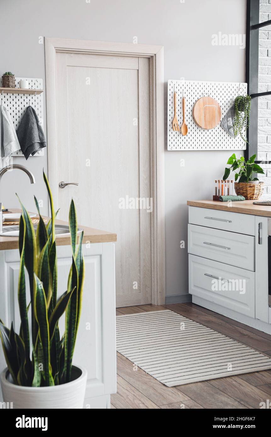 Interior of modern kitchen with white counters, door and peg boards ...