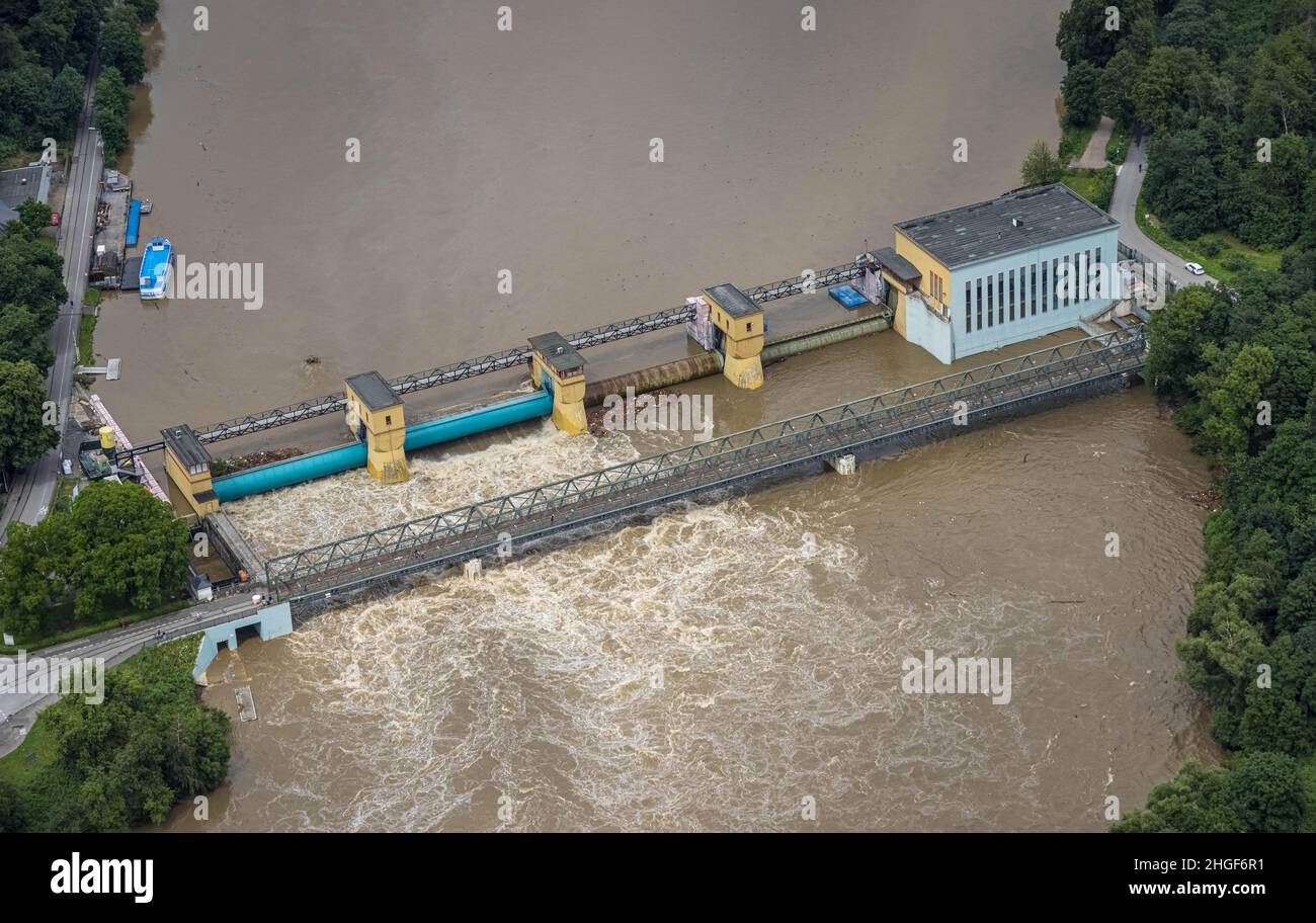 Aerial photograph, Ruhr flood, Hengstey lake barrage, flooding, Boele, Hagen, Ruhr area, North