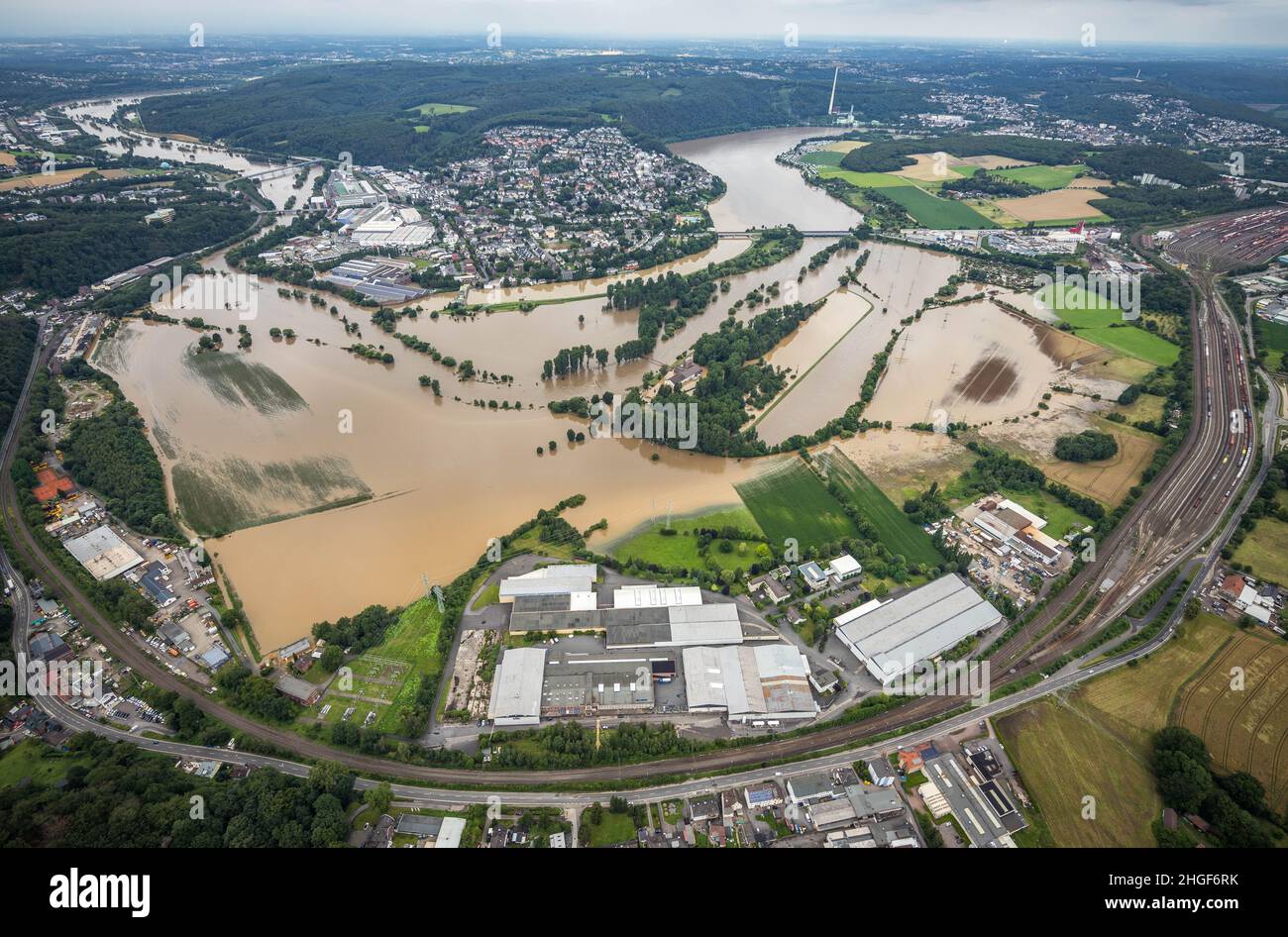 Aerial view, Ruhr flood, flooding south of Wetter, , Vorhalle, Hagen, Ruhrgebiet, North Rhine
