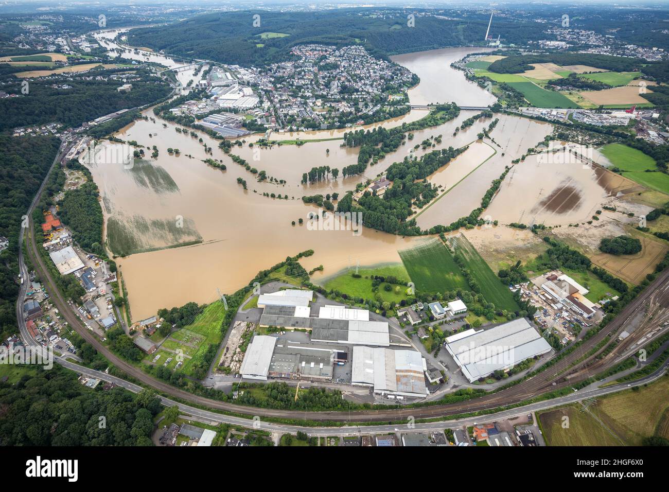 Aerial view, Ruhr flood, flooding south of Wetter, , Vorhalle, Hagen