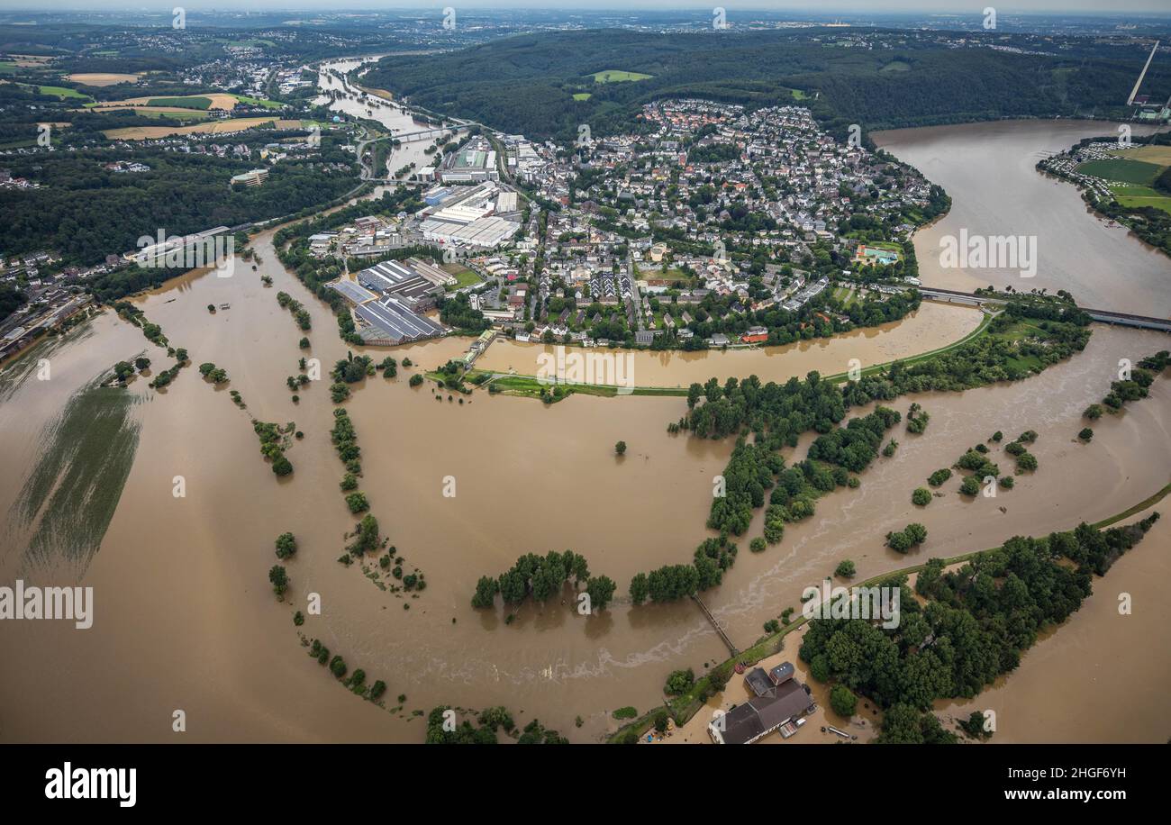 Aerial view, Ruhr flood, flooding south of Wetter, , Vorhalle, Hagen, Ruhrgebiet, North Rhine