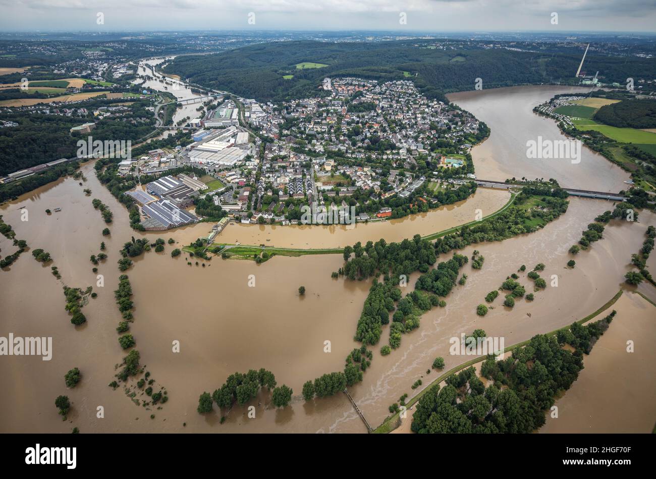 Aerial view, Ruhr flood, flooding south of Wetter, , Vorhalle, Hagen, Ruhrgebiet, North Rhine