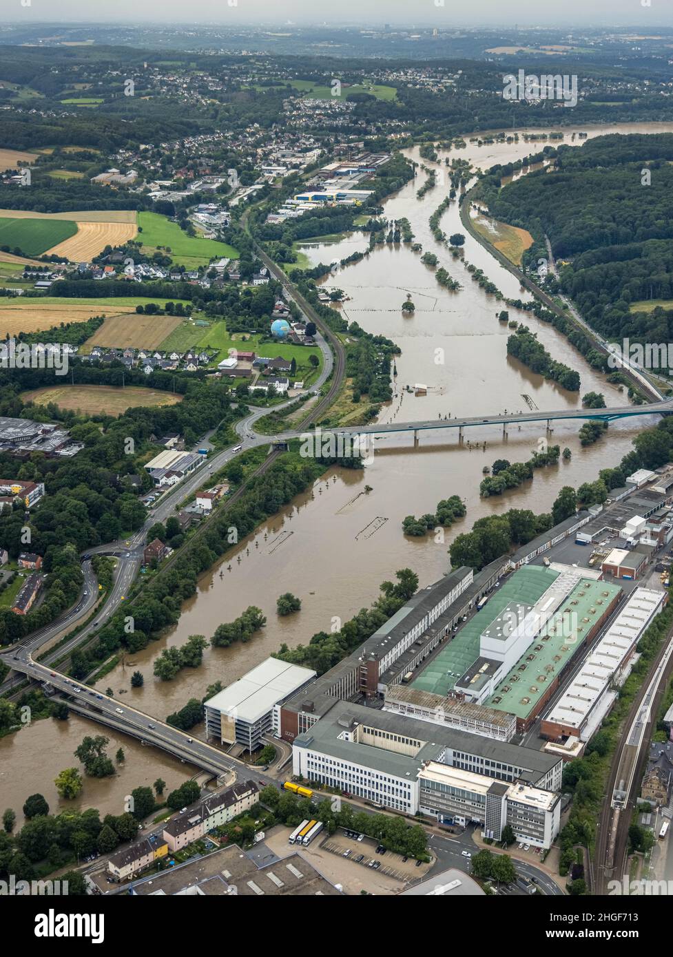 Aerial view, Ruhr flood, flooding, weather, Ruhr area, North Rhine ...