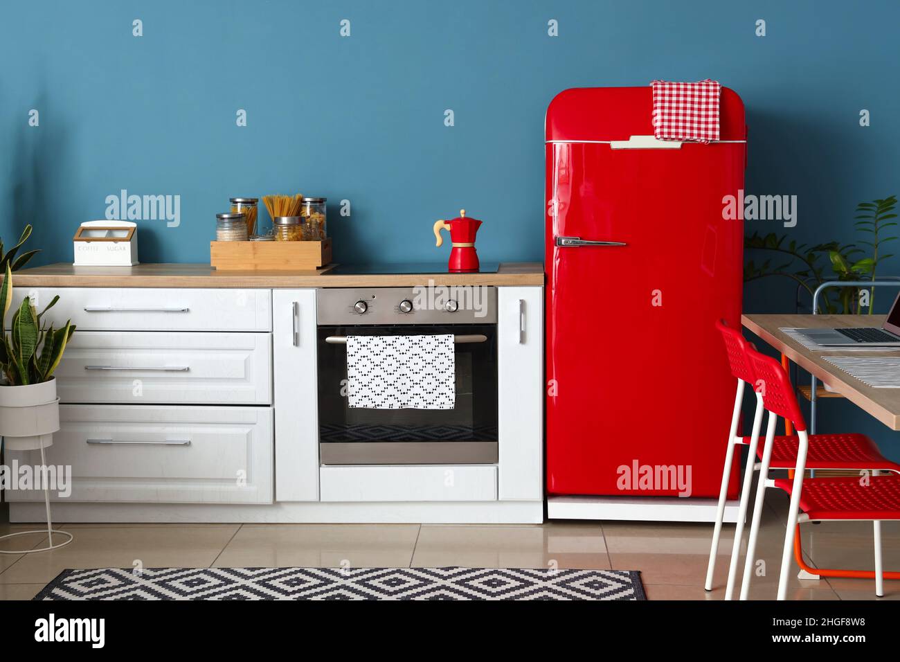Interior Modern Kitchen Stylish Red Refrigerator Stock Photo by