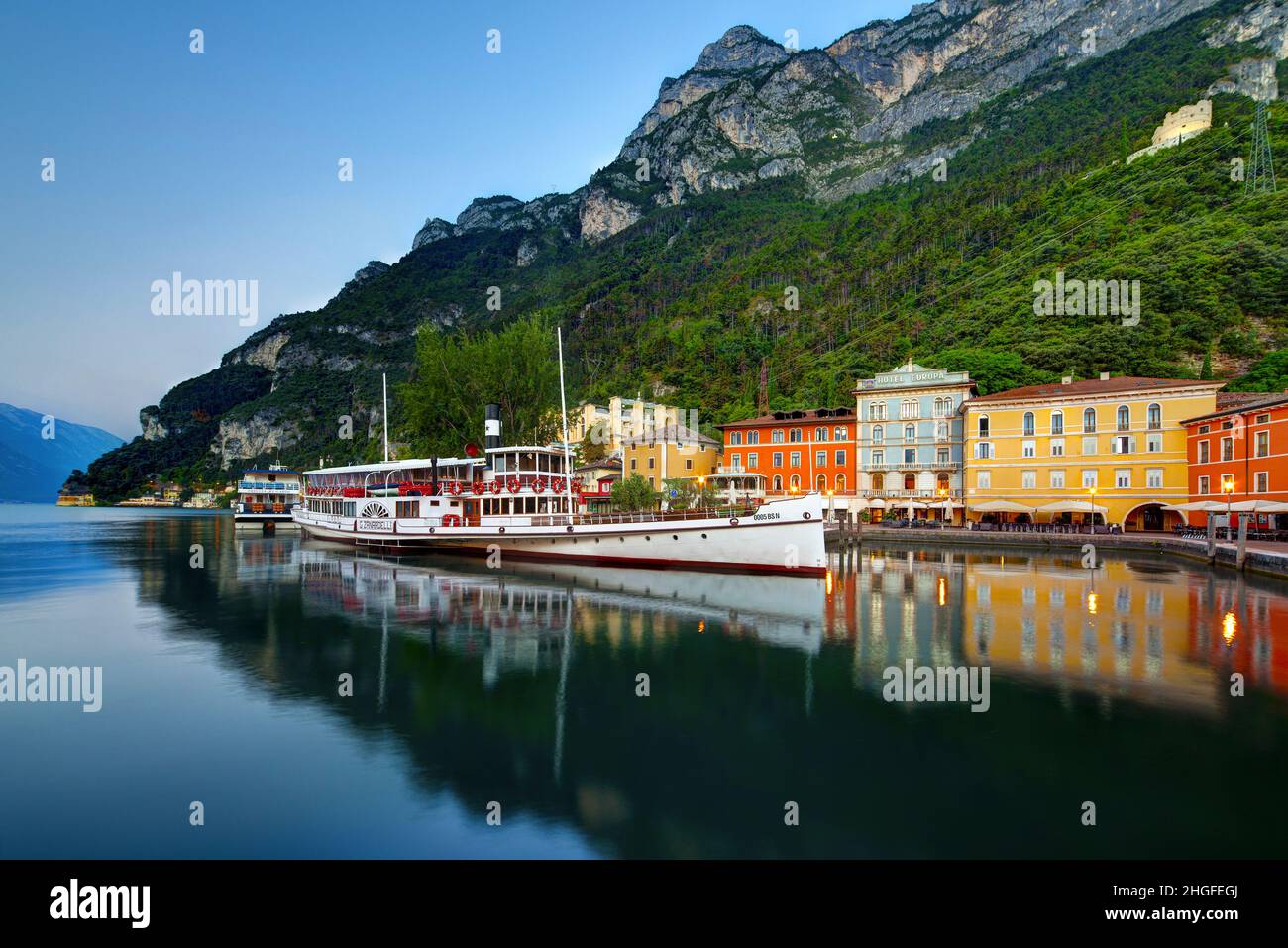 Italy, Trento, Riva del Garda, Garda Lake port and old ship Stock Photo