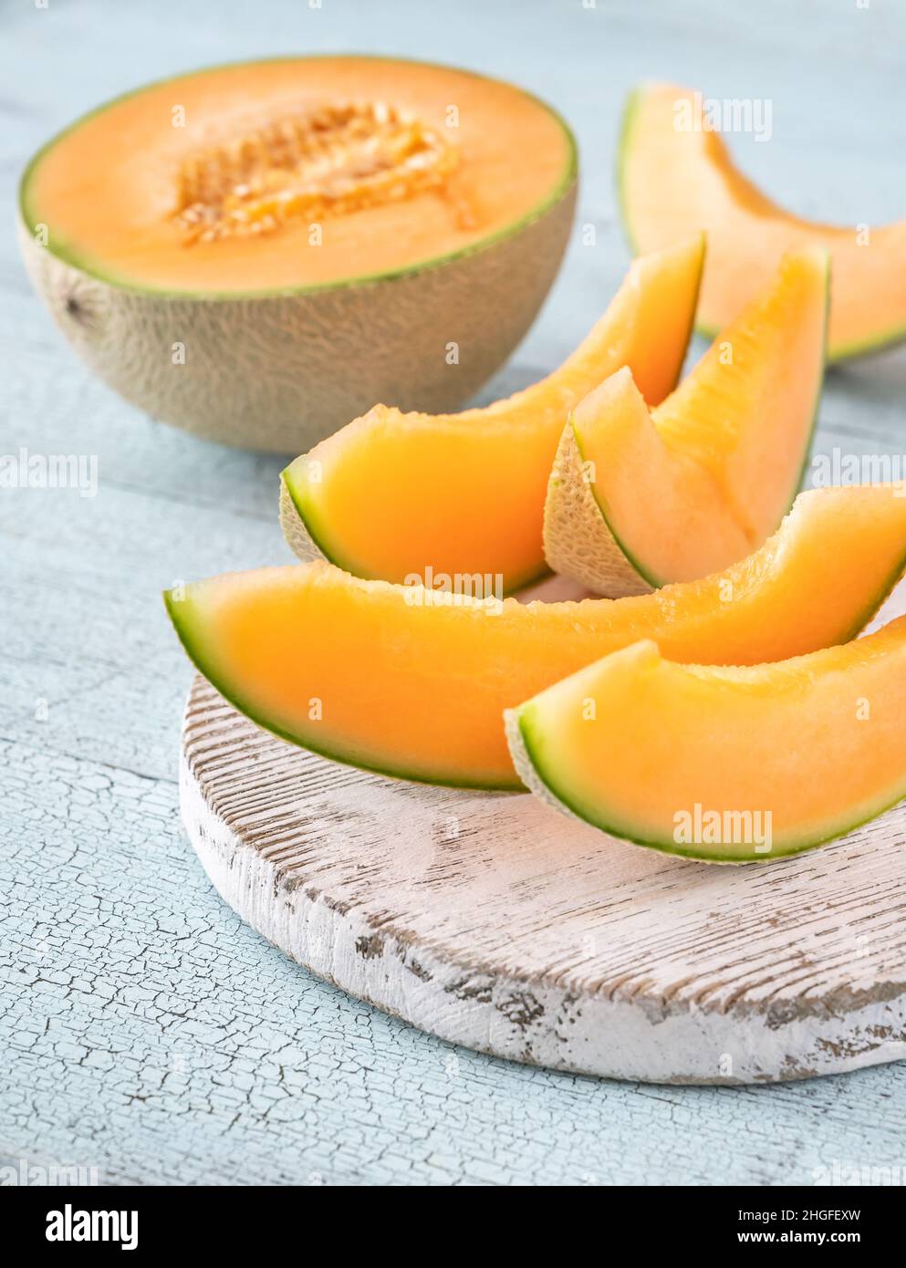 Cross section of Cantaloupe melon flat lay Stock Photo Alamy