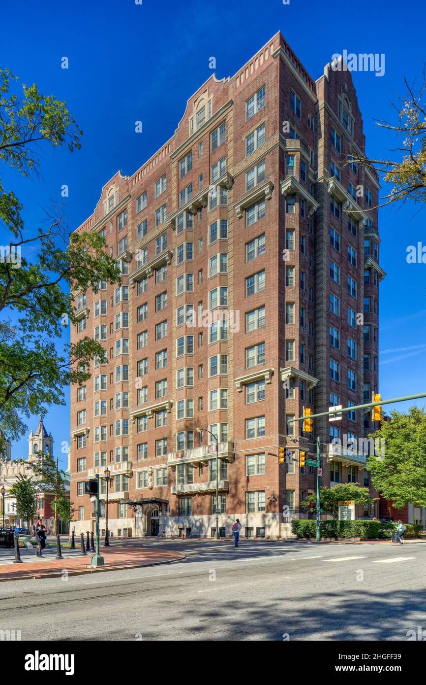 Johnson Hall was built in 1915 as the Monroe Terrace Apartments, designed by Alfred C. Bossom in neo-Gothic style. Stock Photo