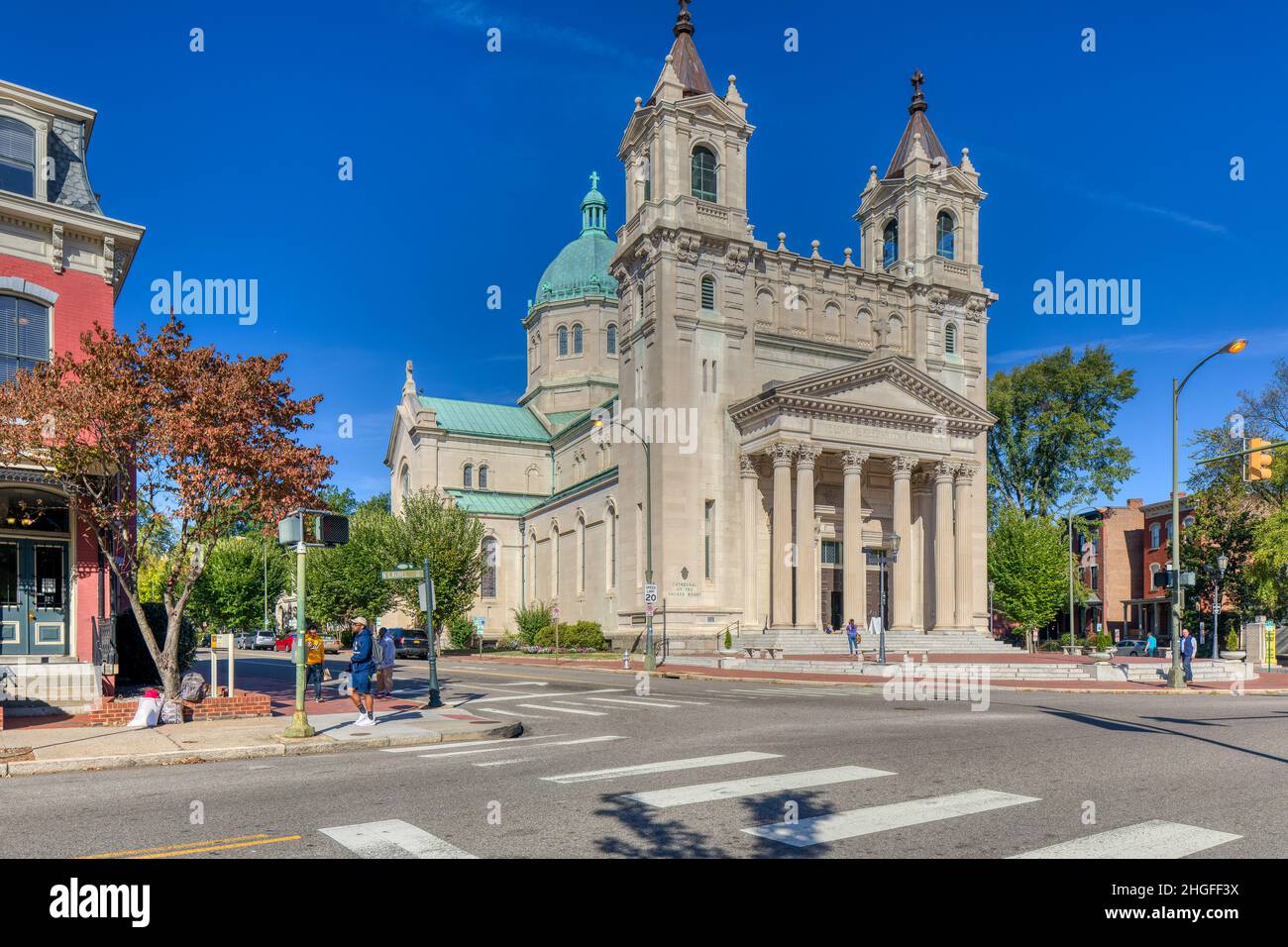 Cathedral of the Sacred Heart occupies an entire triangular-shaped block facing Monroe Park. Stock Photo