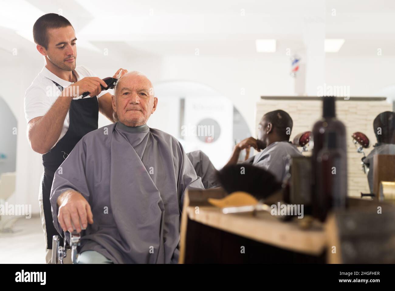 Stylist performing haircut of grayhaired man Stock Photo Alamy