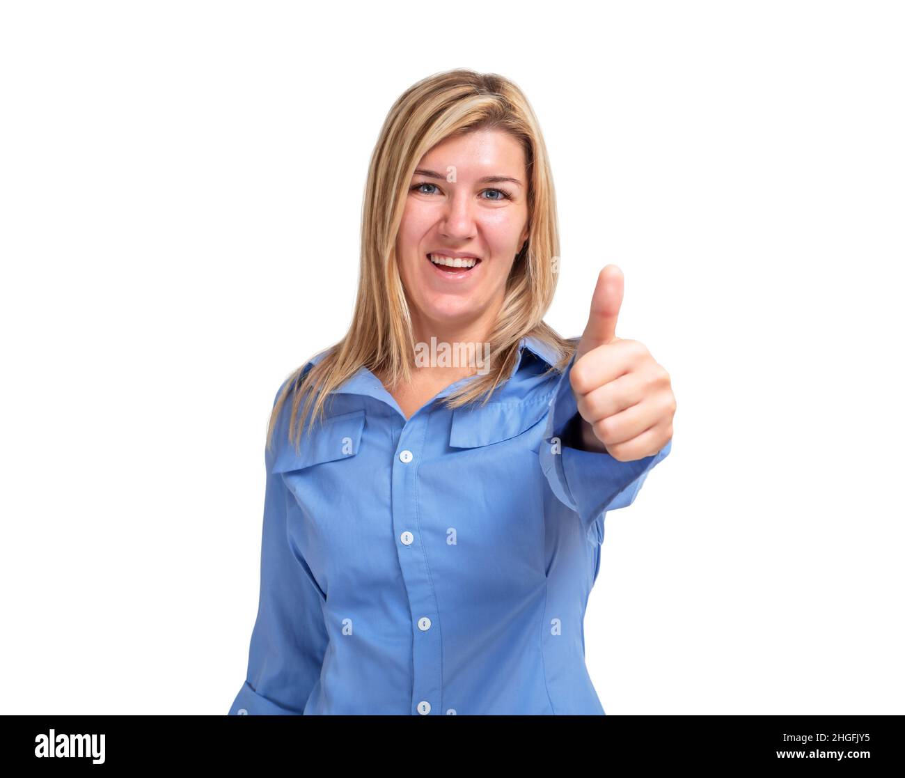 Smiling young woman showing thumb up isolated on white background Stock Photo