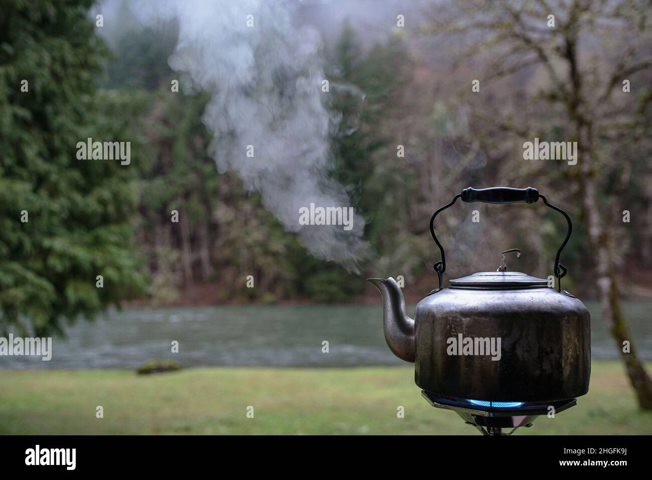 Boiling hot water when camping in Oregon. Stock Photo