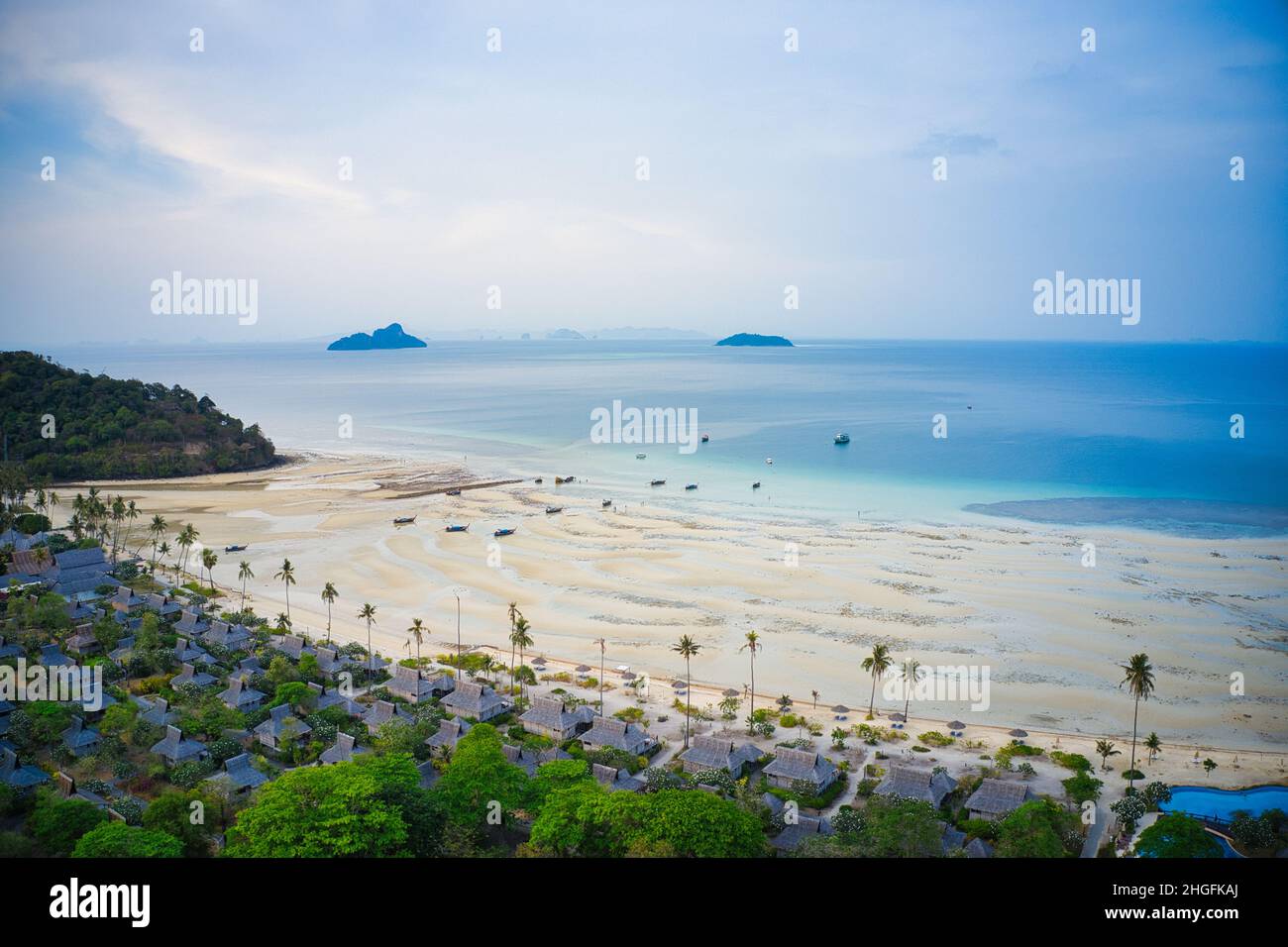 The beautiful idyllic tropical beach of Koh Phi Phi in Thailand photographed with a drone at low tide. Stock Photo