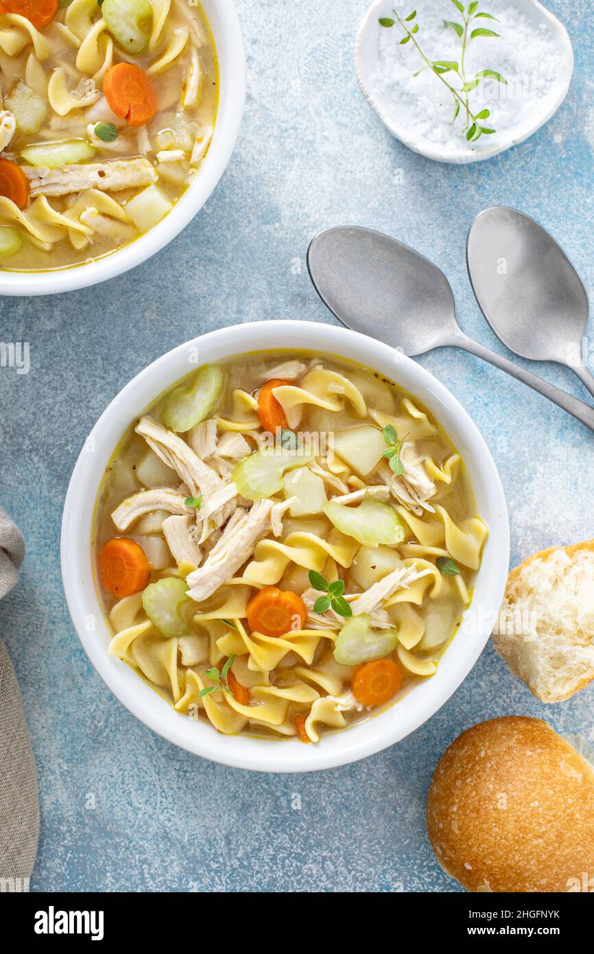 Traditional chicken noodle soup with chicken, carrots, celery and egg noodles Stock Photo Alamy