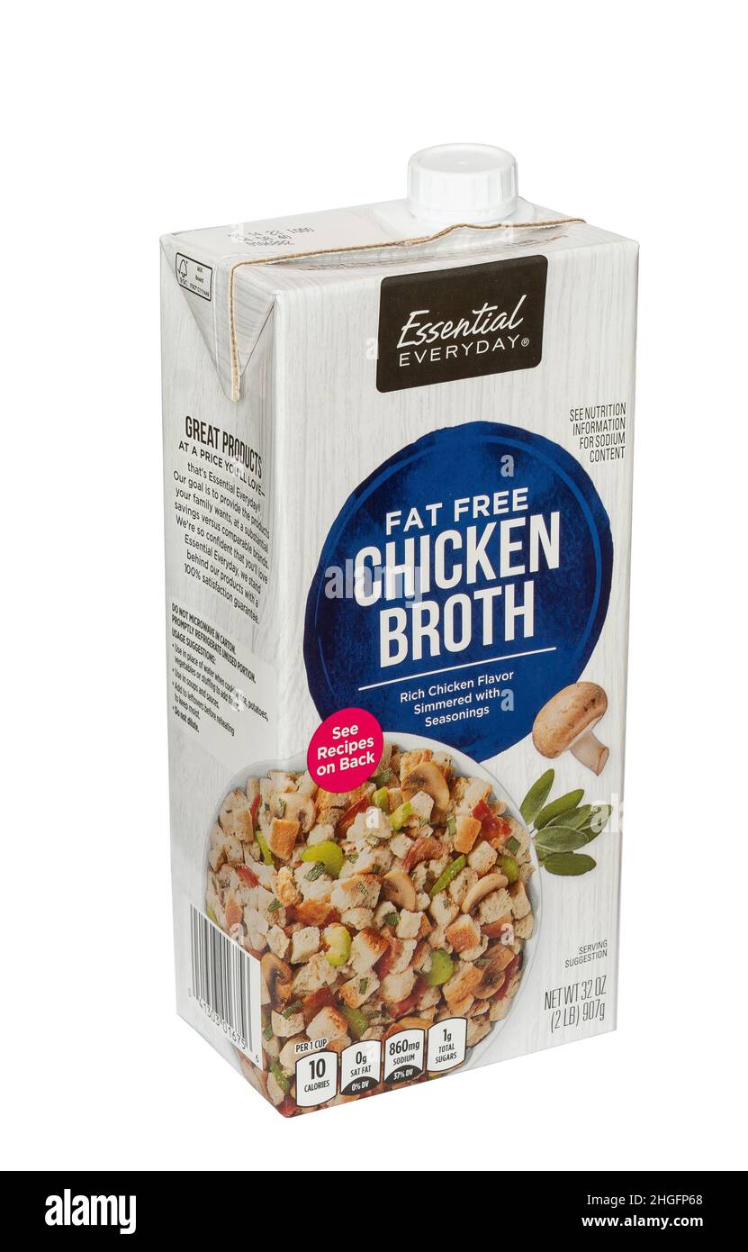 NISSWA, MN - 19 JAN 2022: Container of Fat Free Chicken Broth, isolated ...