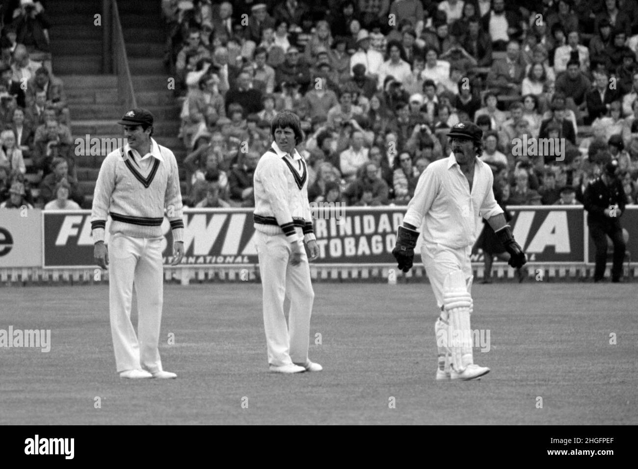 Left-to-right, Australians Greg Chappell, Jeff Thomson and Rodney Marsh, England vs Australia, Prudential Trophy Second Match, at Edgbaston Cricket Ground, Birmingham, England Saturday 4th June 1977 Stock Photo