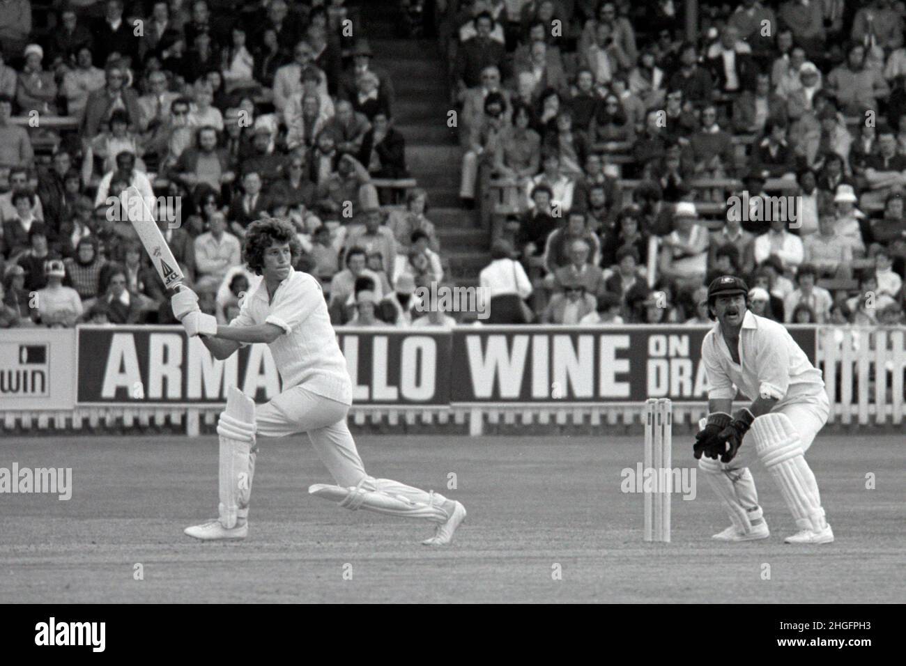 Bob Willis (England) batting, England vs Australia, Prudential Trophy Second Match, at Edgbaston Cricket Ground, Birmingham, England Saturday 4th June 1977. Rodney Marsh is the Australian wicketkeeper. Stock Photo