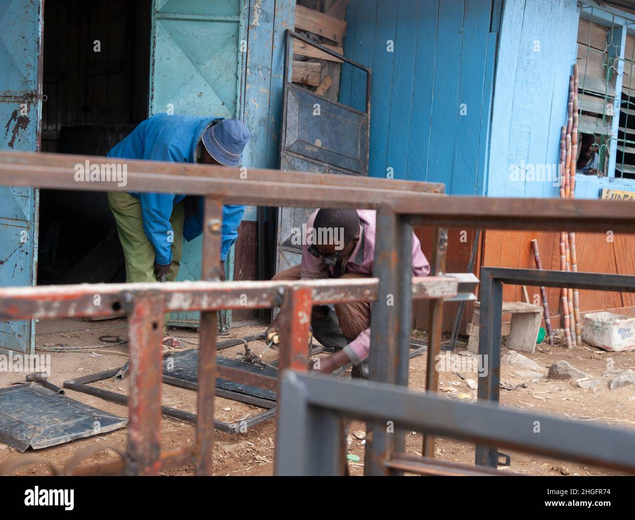 Street welding business, window frames in Kenya, Africa Stock Photo Alamy